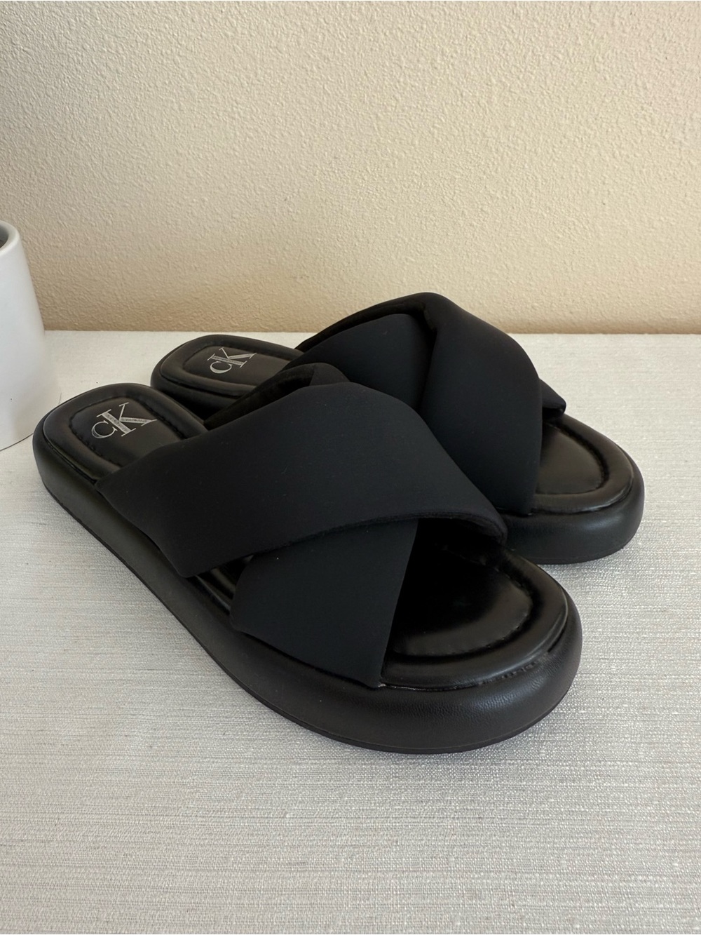 Calvin Klein Evey Black Textile Crisscross Padded Slide Sandals